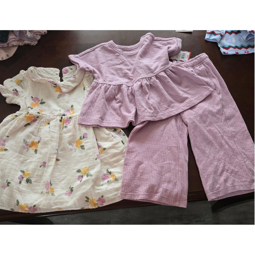 Cat & Jack Toddler Girl 2T Floral Gauze Dress & Lavender Waffle Knit Set Bundle
